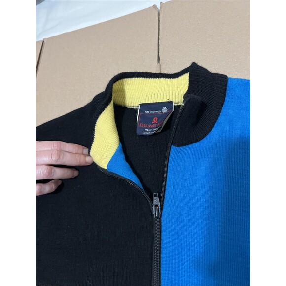 Demetre Vintage Virgin Wool 1/4 Zip Sweater Black Blue White Striped Mens M - Picture 4 of 7